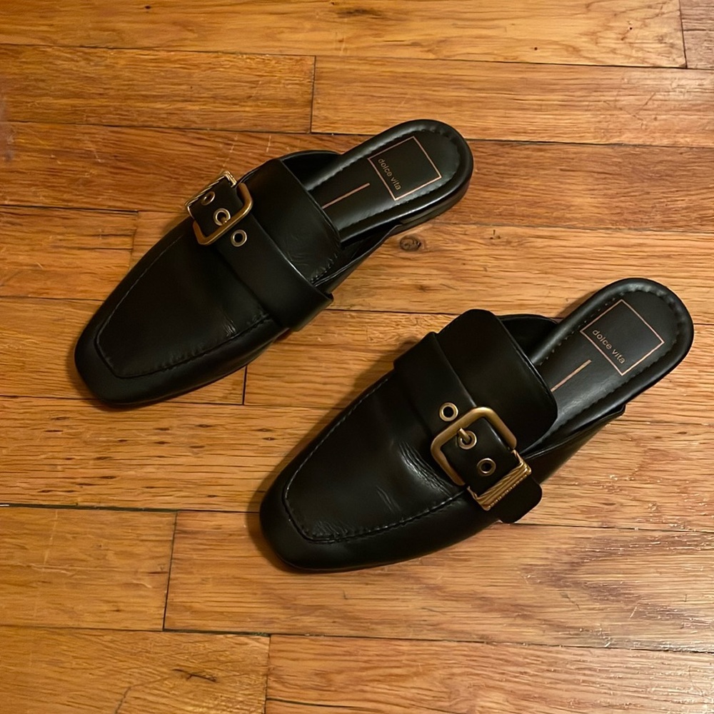 Dolce Vita Black Mules with Gold Buckle